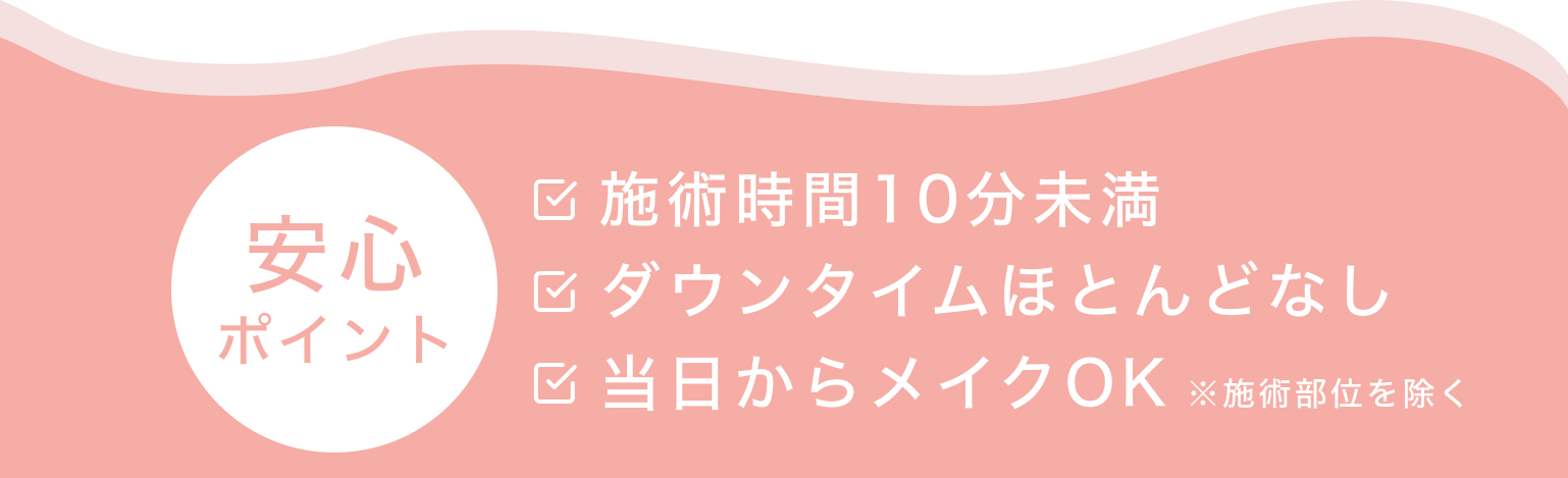 安心ポイント｜施術時間10分未満/ダウンタイムほとんどなし/当日からメイクOK ※施術部位を除く